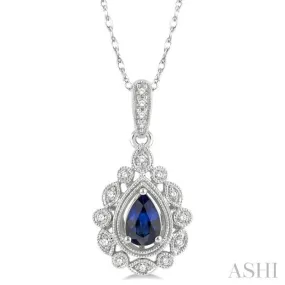 1/8 ctw Lattice Round Cut Diamond & 6x4MM Pear Cut Sapphire Precious Pendant With Chain in 10K White Gold