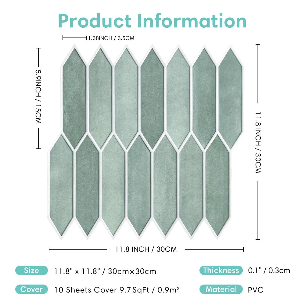 3D Green Matt Elongated Hexagon Peel and Stick Wall Tile