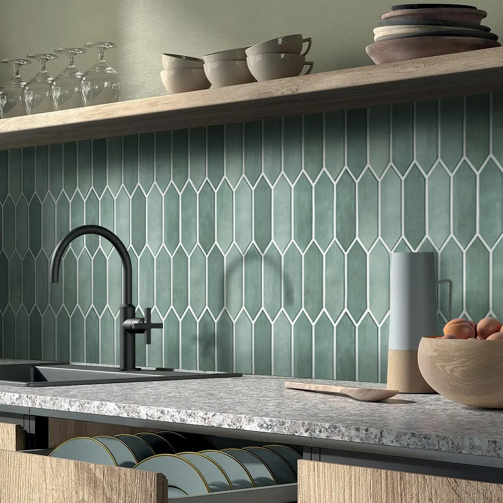 3D Green Matt Elongated Hexagon Peel and Stick Wall Tile