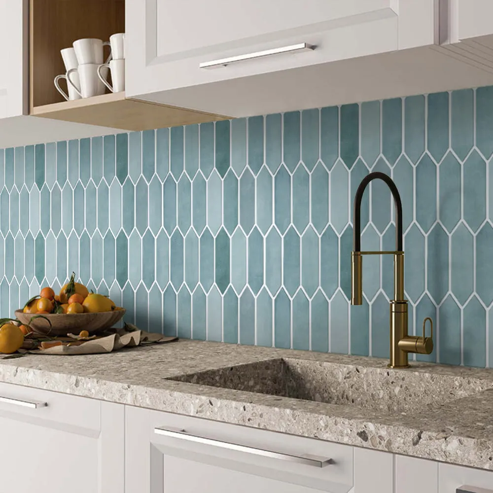 3D Ocean Color Elongated Hexagon Peel and Stick Wall Tile