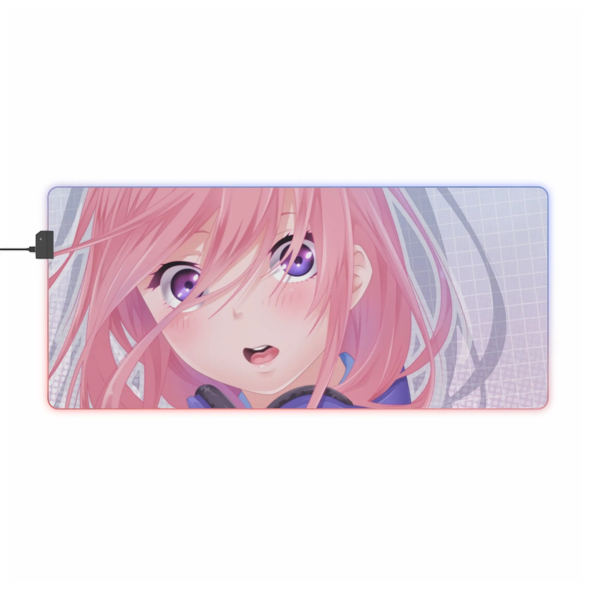 A girl with pink hair and headphones RGB LED Mouse Pad (Desk Mat)