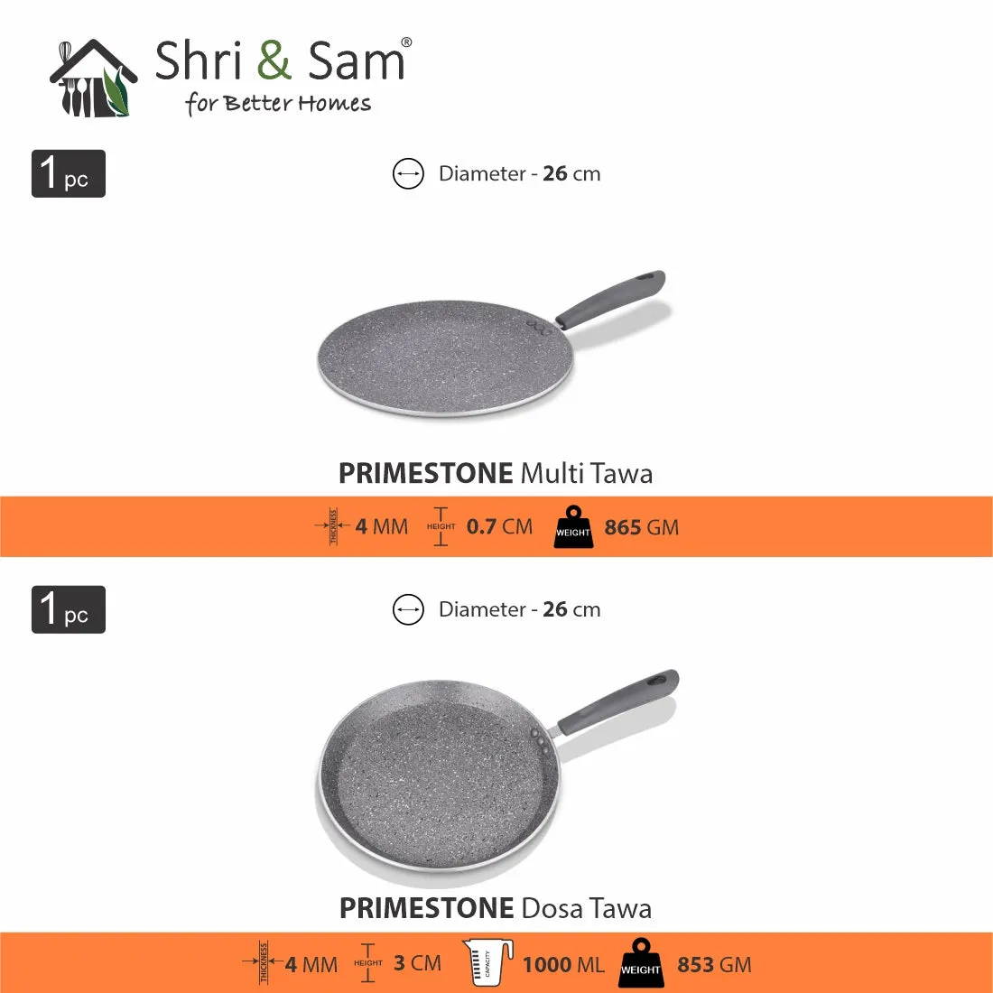 Aluminium 2 PCS Non-Stick Tawa Set Primestone