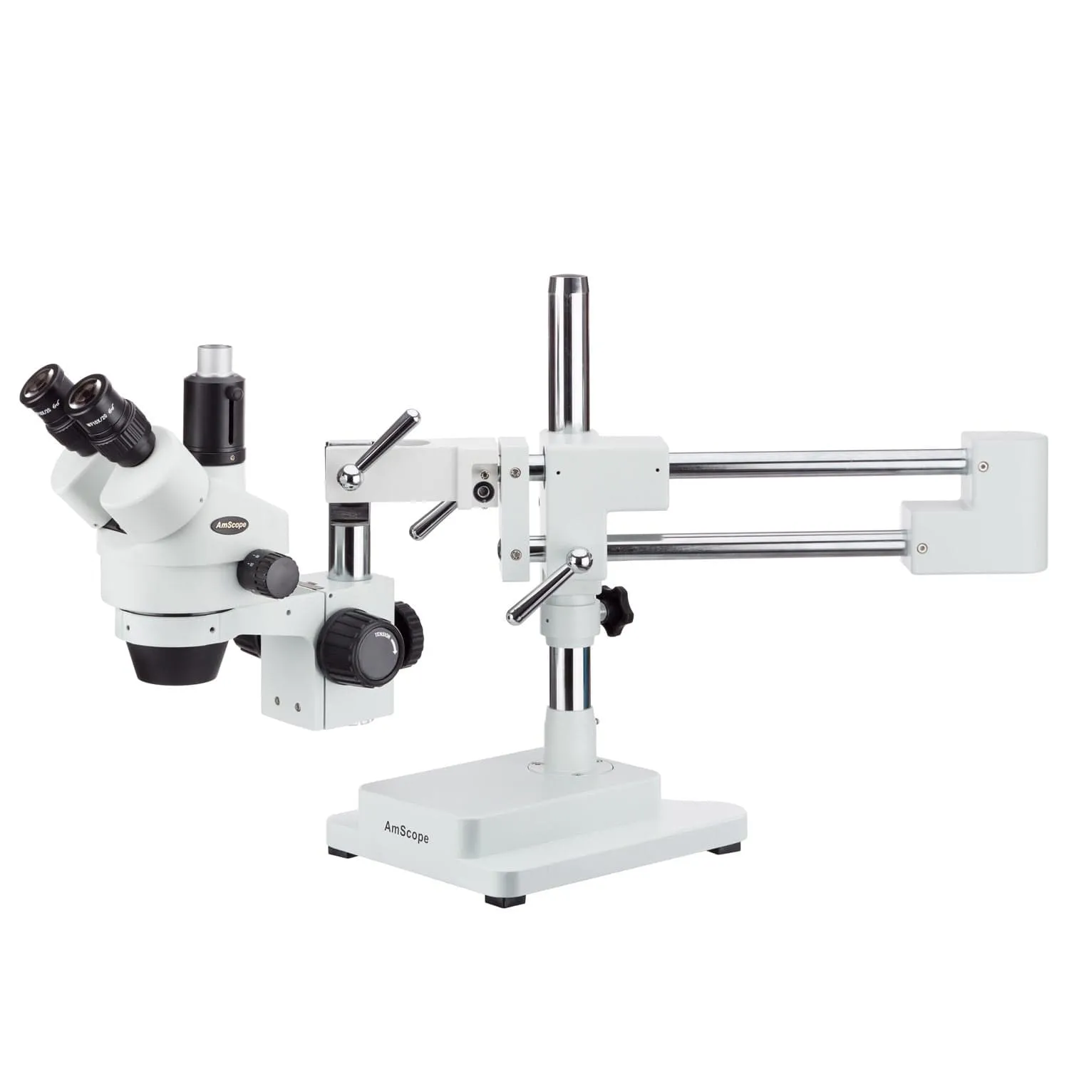 AmScope SM-4T Series Trinocular Zoom Stereo Microscope 7X-45X Magnification On Double Arm Boom Stand