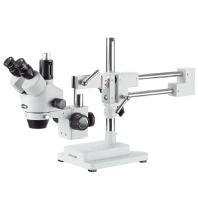 AmScope SM-4T Series Trinocular Zoom Stereo Microscope 7X-45X Magnification On Double Arm Boom Stand