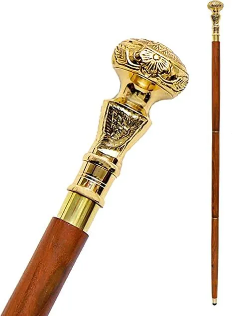 Antique Brass Design Head Handle Vintage Style Wooden Walking Cane Stick