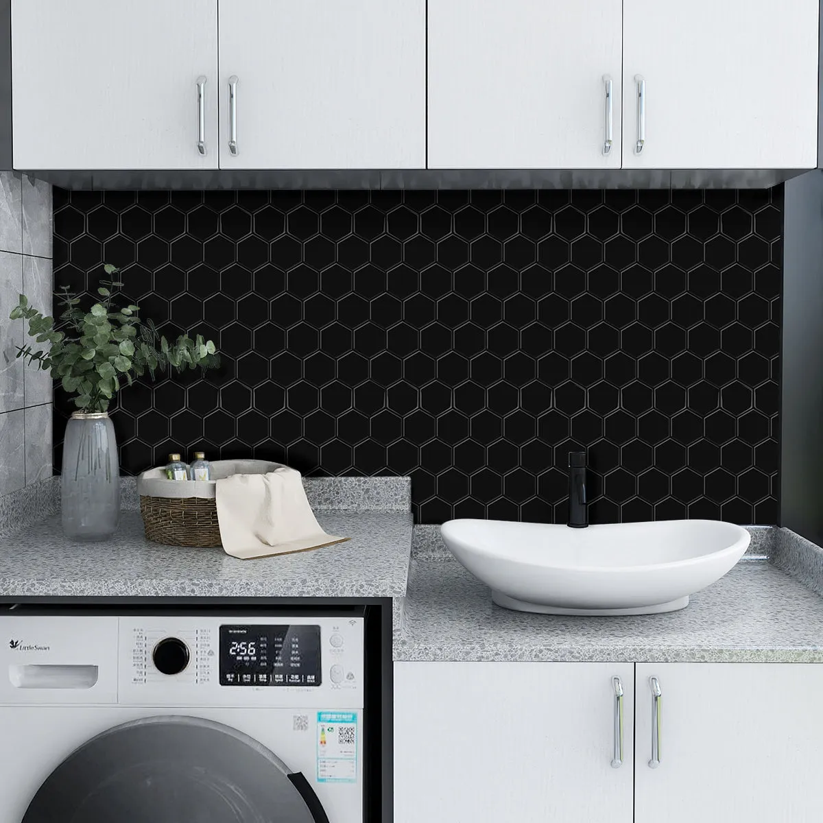 Black Hexagon Peel and Stick Tile Backsplash - Thicker Design