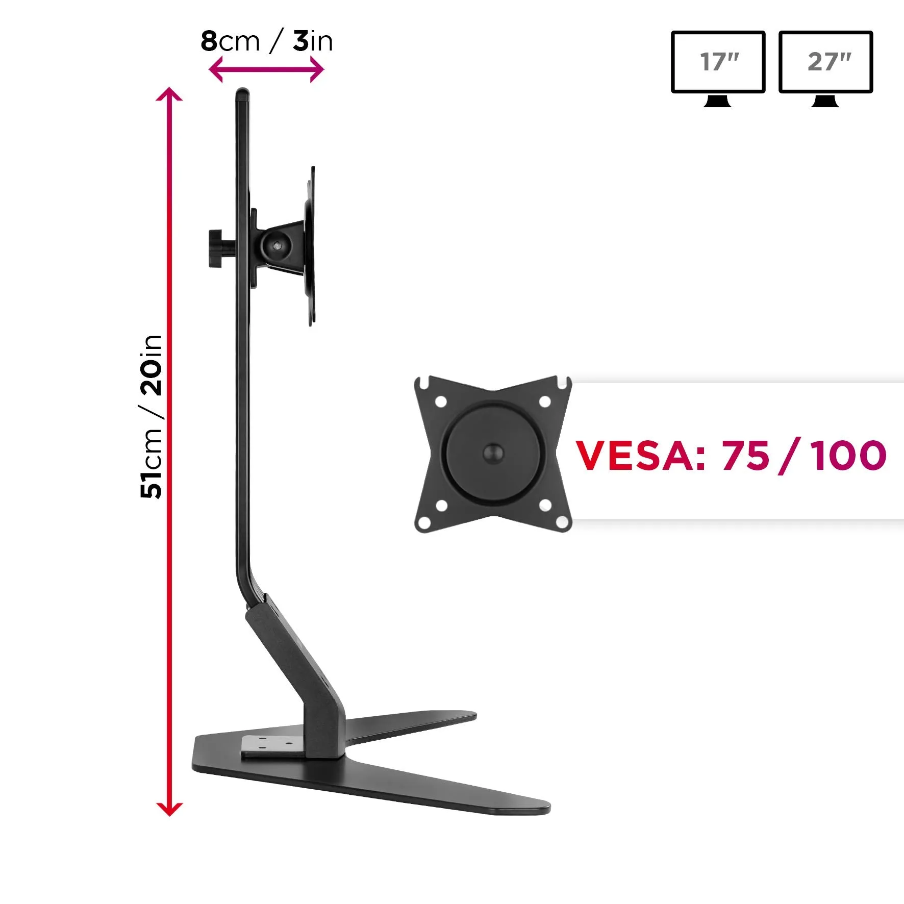 Duronic DM12D1 Monitor Arm Stand | Single PC Desk Mount | Height Adjustable | For One 17-27" Screen | Ergonomic | VESA 75/100 | Screens up to 8kg | Tilt  15° & -15°/Rotate 360°