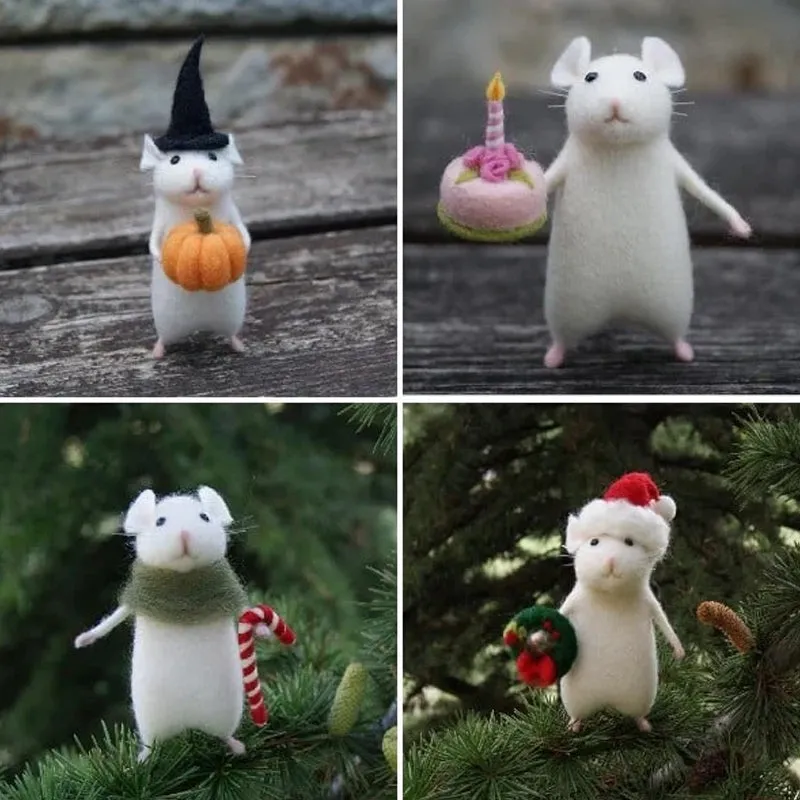 Felt mouse and pumpkin ornaments - handmade holiday decoration