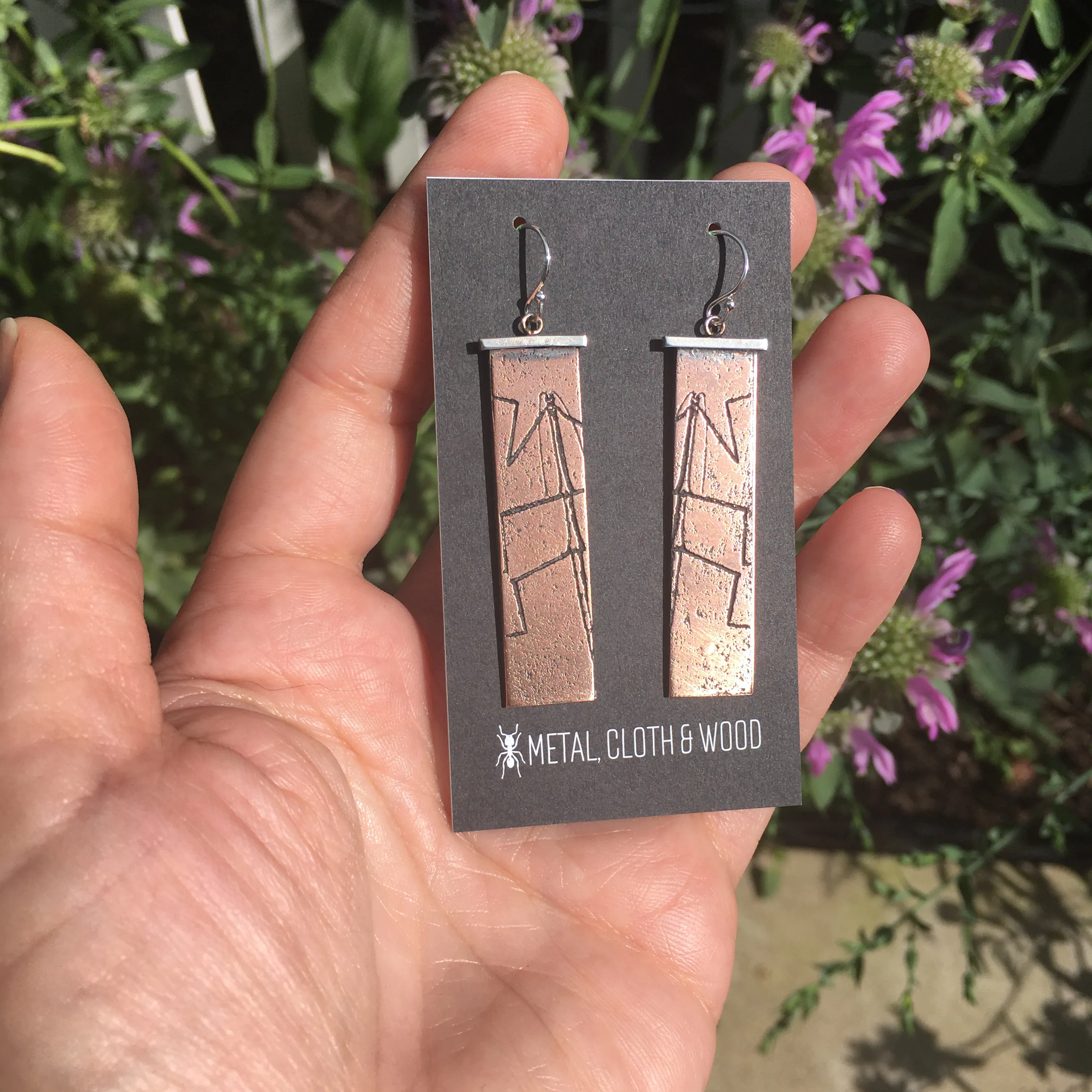 Handmade Walking Stick Insect Earrings in Sterling Silver & Copper