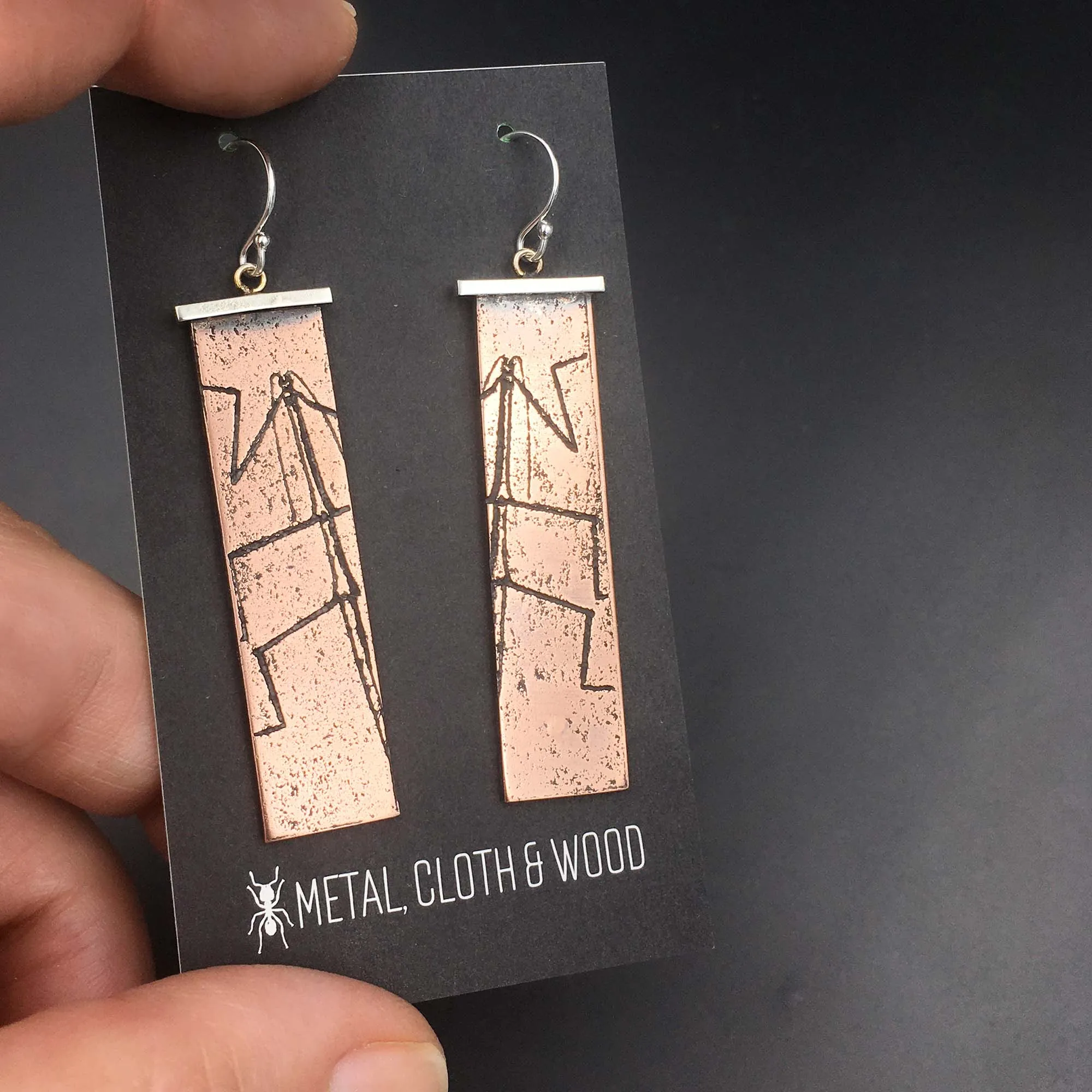 Handmade Walking Stick Insect Earrings in Sterling Silver & Copper