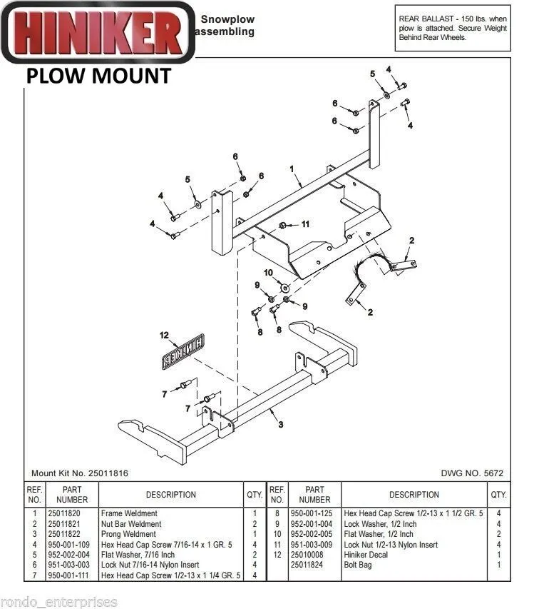 Hiniker Snowplow Mount - Quick Hitch 1 (QH1), 2000-2004 Dodge Dakota, 25011816