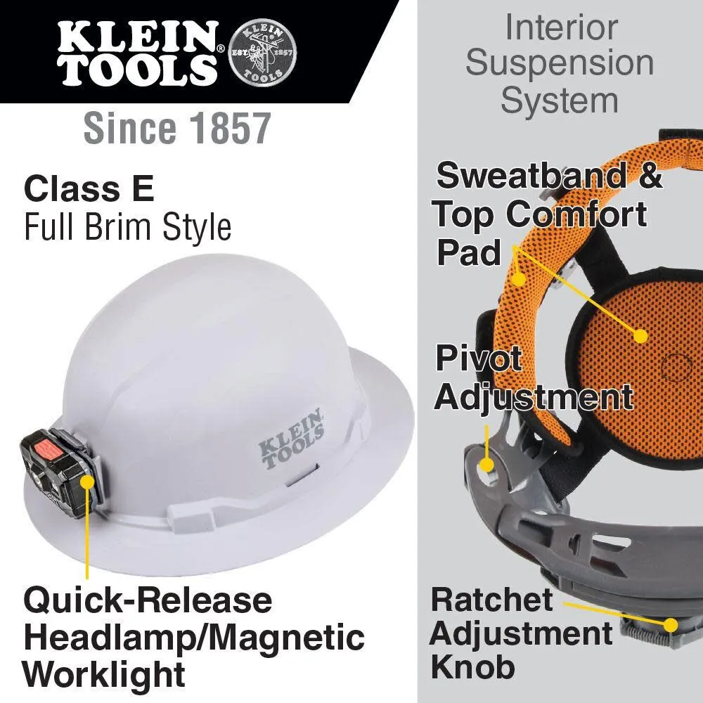 Klein Tools 60406RL Hard Hat, Rechargeable Headlamp, Non-vented, Full Brim Style, Padded Self-Wicking Odor-Resistant Sweatband, Tested up to 20kV, White