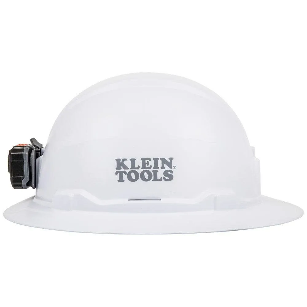 Klein Tools 60406RL Hard Hat, Rechargeable Headlamp, Non-vented, Full Brim Style, Padded Self-Wicking Odor-Resistant Sweatband, Tested up to 20kV, White