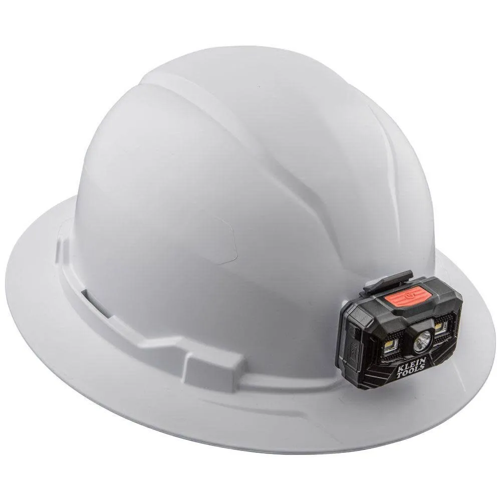 Klein Tools 60406RL Hard Hat, Rechargeable Headlamp, Non-vented, Full Brim Style, Padded Self-Wicking Odor-Resistant Sweatband, Tested up to 20kV, White