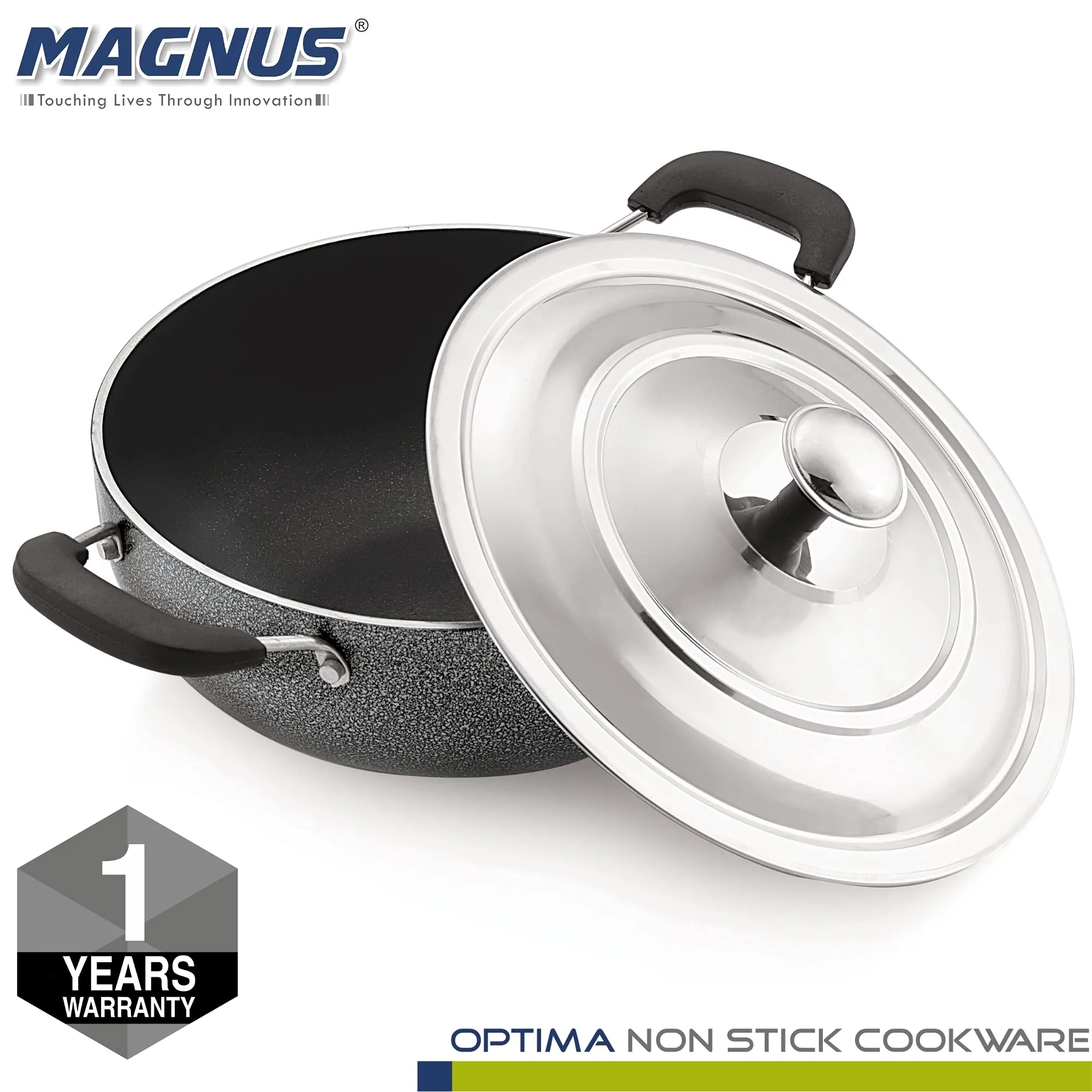 Magnus Optima Non-Stick Aluminum Deep Kadai with Stainless Steel Lid, 2 Litres, Hammertone Finish,(Black & Grey)