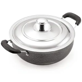 Magnus Optima Non-Stick Aluminum Deep Kadai with Stainless Steel Lid, 2 Litres, Hammertone Finish,(Black & Grey)