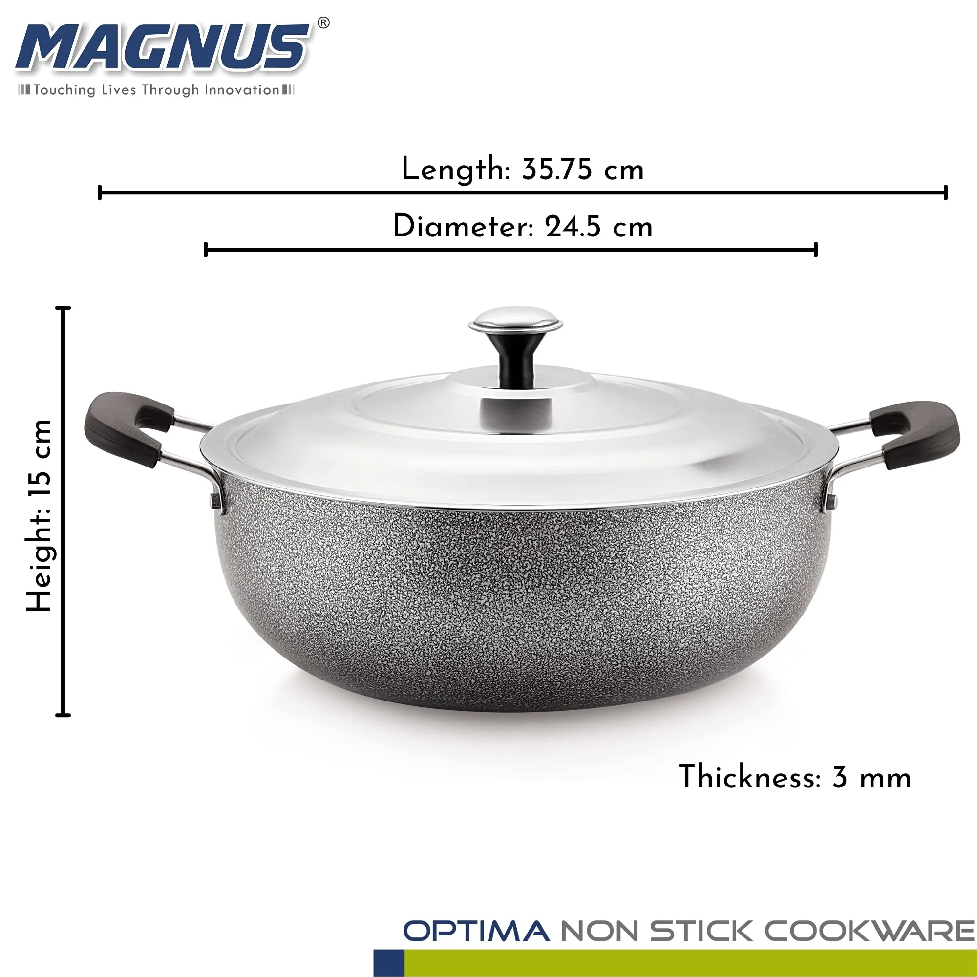 Magnus Optima Non-Stick Aluminum Deep Kadai with Stainless Steel Lid, 3 Litres, Hammertone Finish,(Black & Grey)