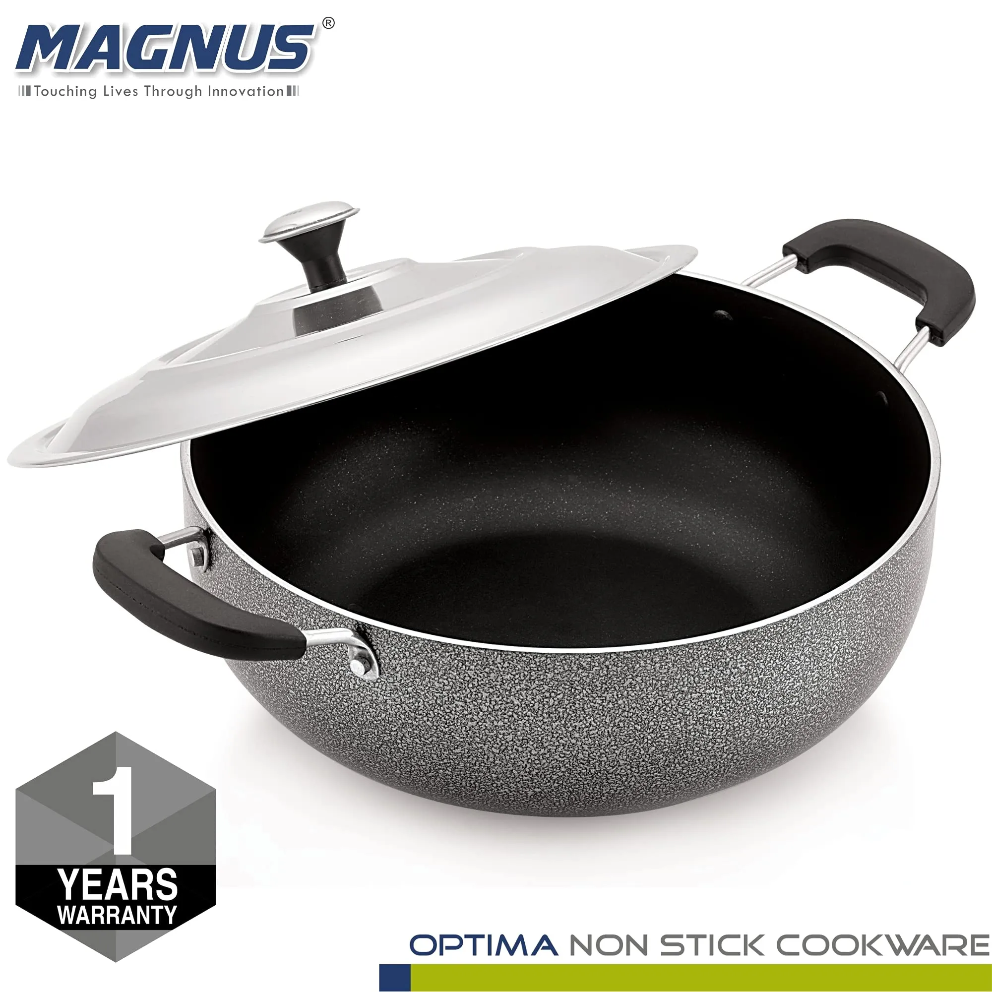 Magnus Optima Non-Stick Aluminum Deep Kadai with Stainless Steel Lid, 3 Litres, Hammertone Finish,(Black & Grey)