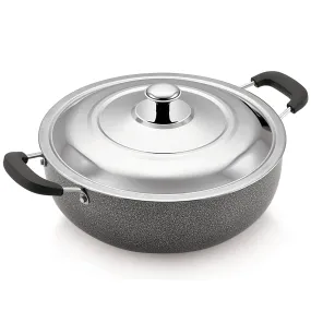 Magnus Optima Non-Stick Aluminum Deep Kadai with Stainless Steel Lid, 3 Litres, Hammertone Finish,(Black & Grey)