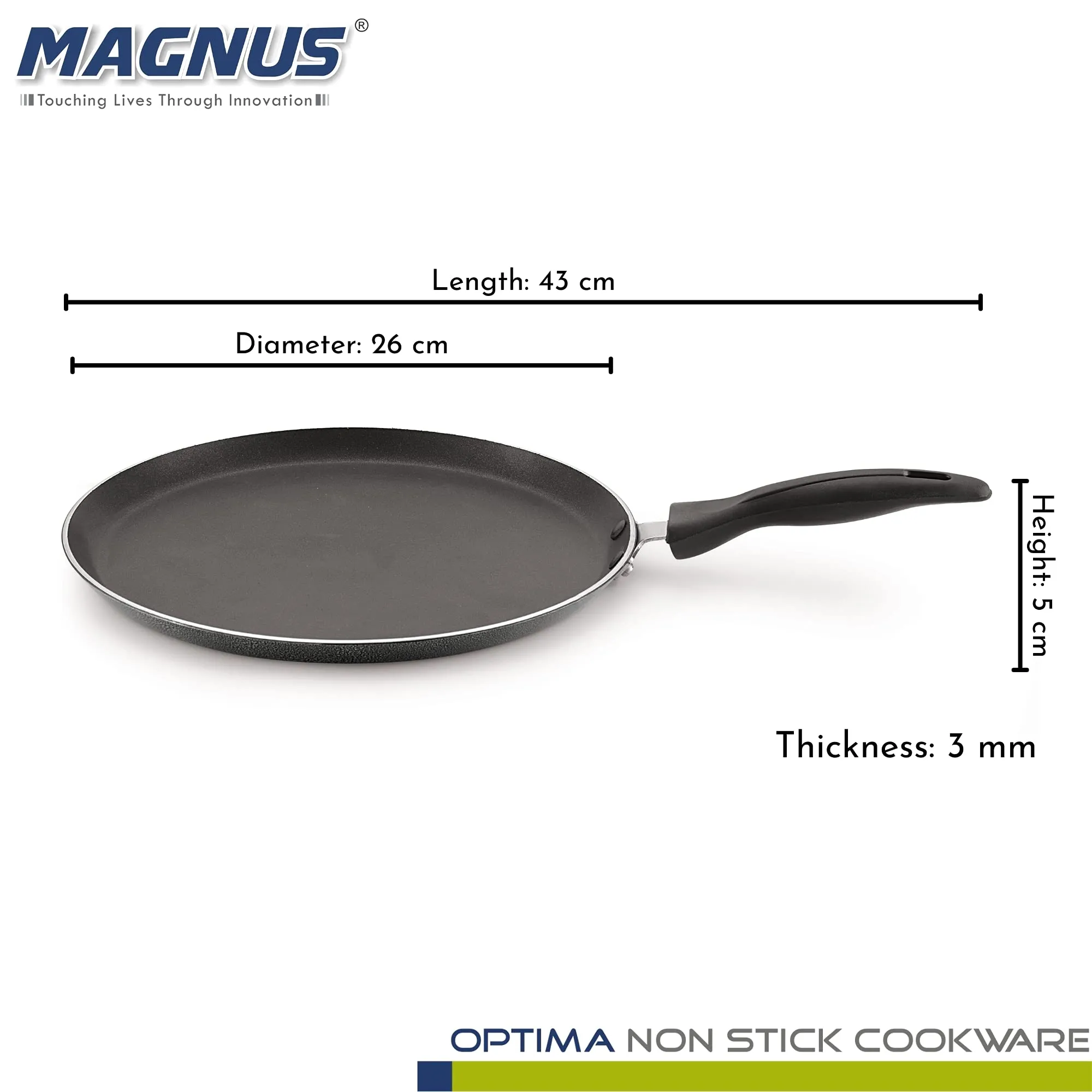 Magnus Optima Non-Stick Aluminum Dosa/Roti Tawa, Gas Stove Compatible,260 mm, 3 mm Thickness, (Grey & Black)