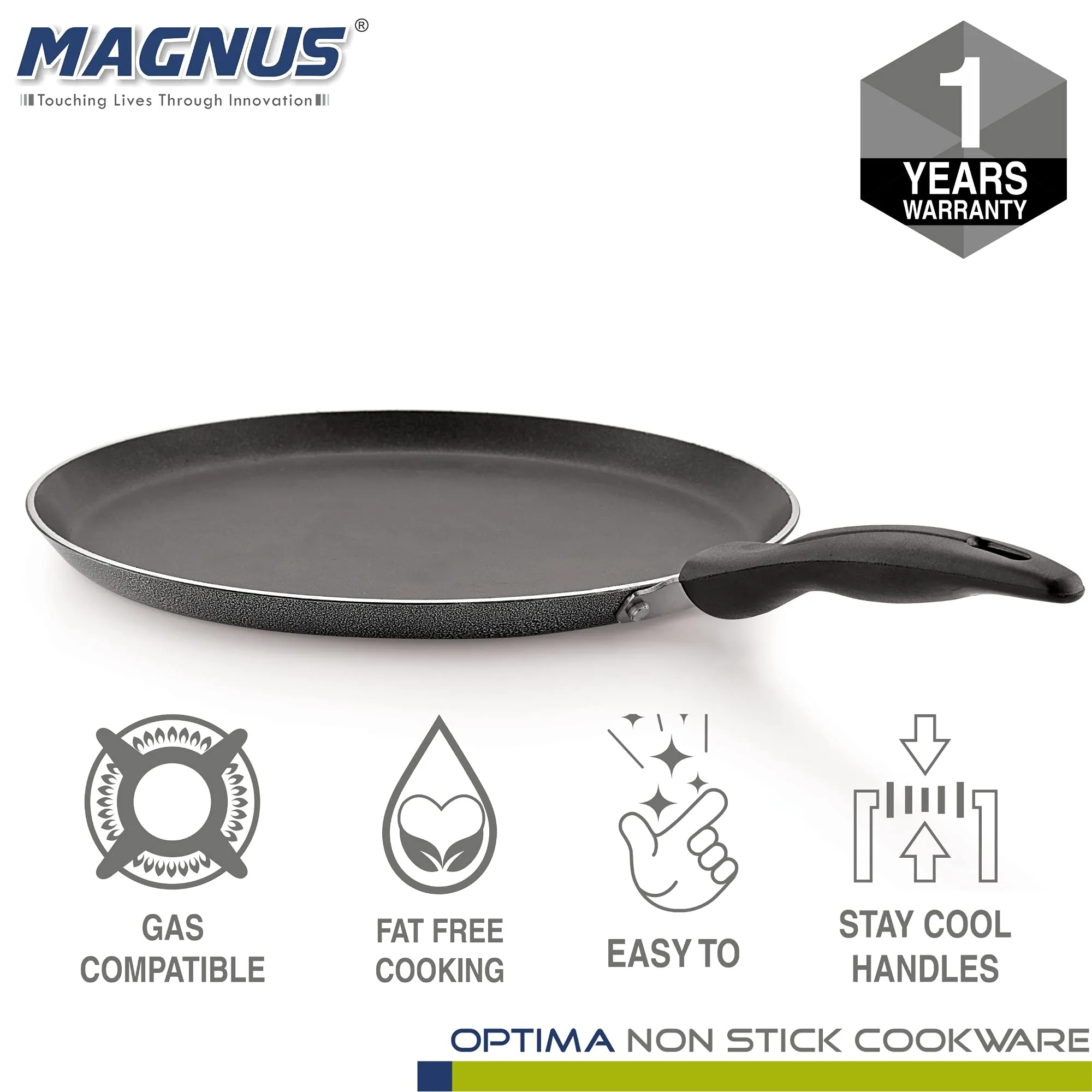 Magnus Optima Non-Stick Aluminum Dosa/Roti Tawa, Gas Stove Compatible,275 mm, 3 mm Thickness, (Grey & Black)