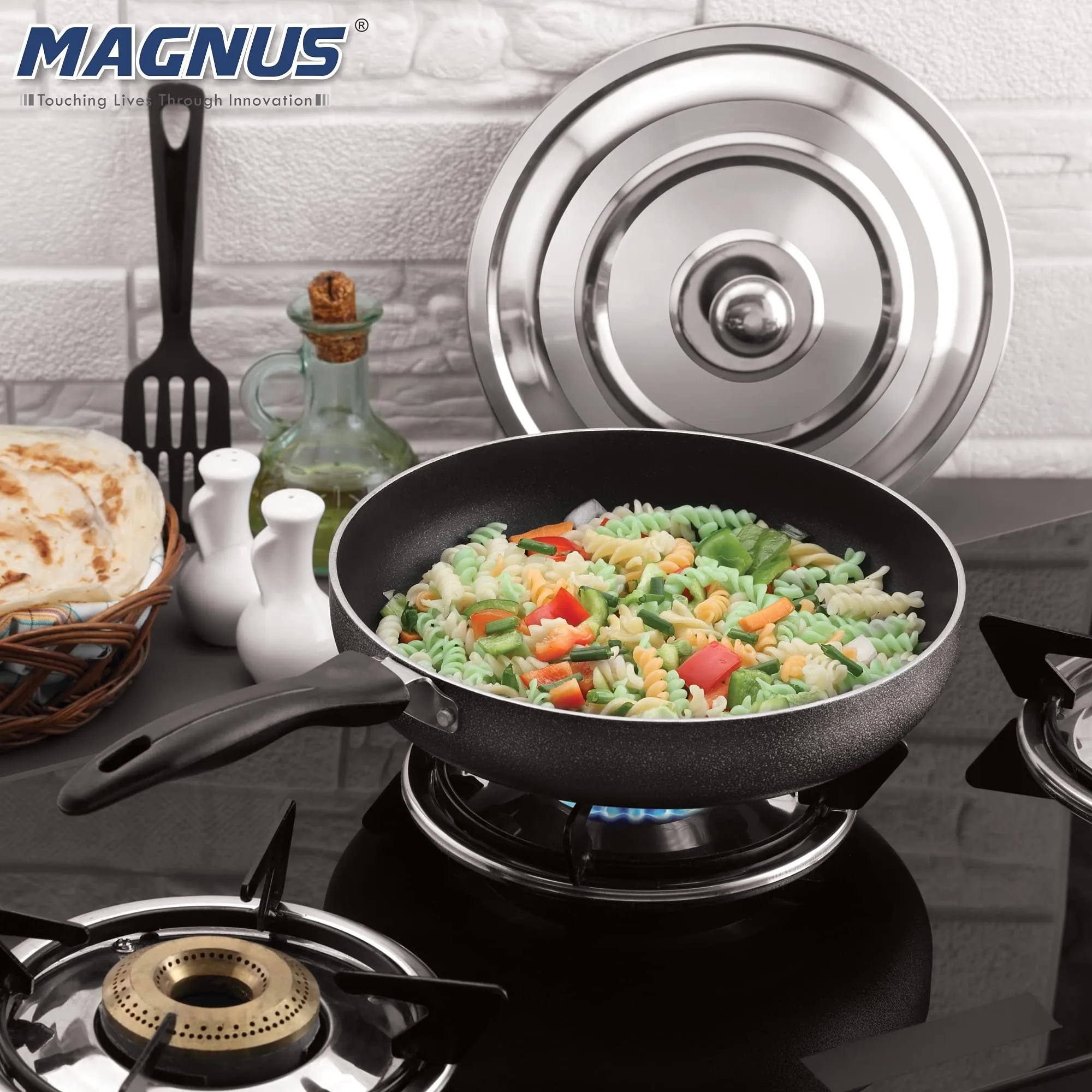 Magnus Optima Non-Stick Aluminum Fry Pan with Stainless Steel Lid, 240 mm(1.85 LTR),3 mm Thickness, Hammertone Finish, (Black & Grey)