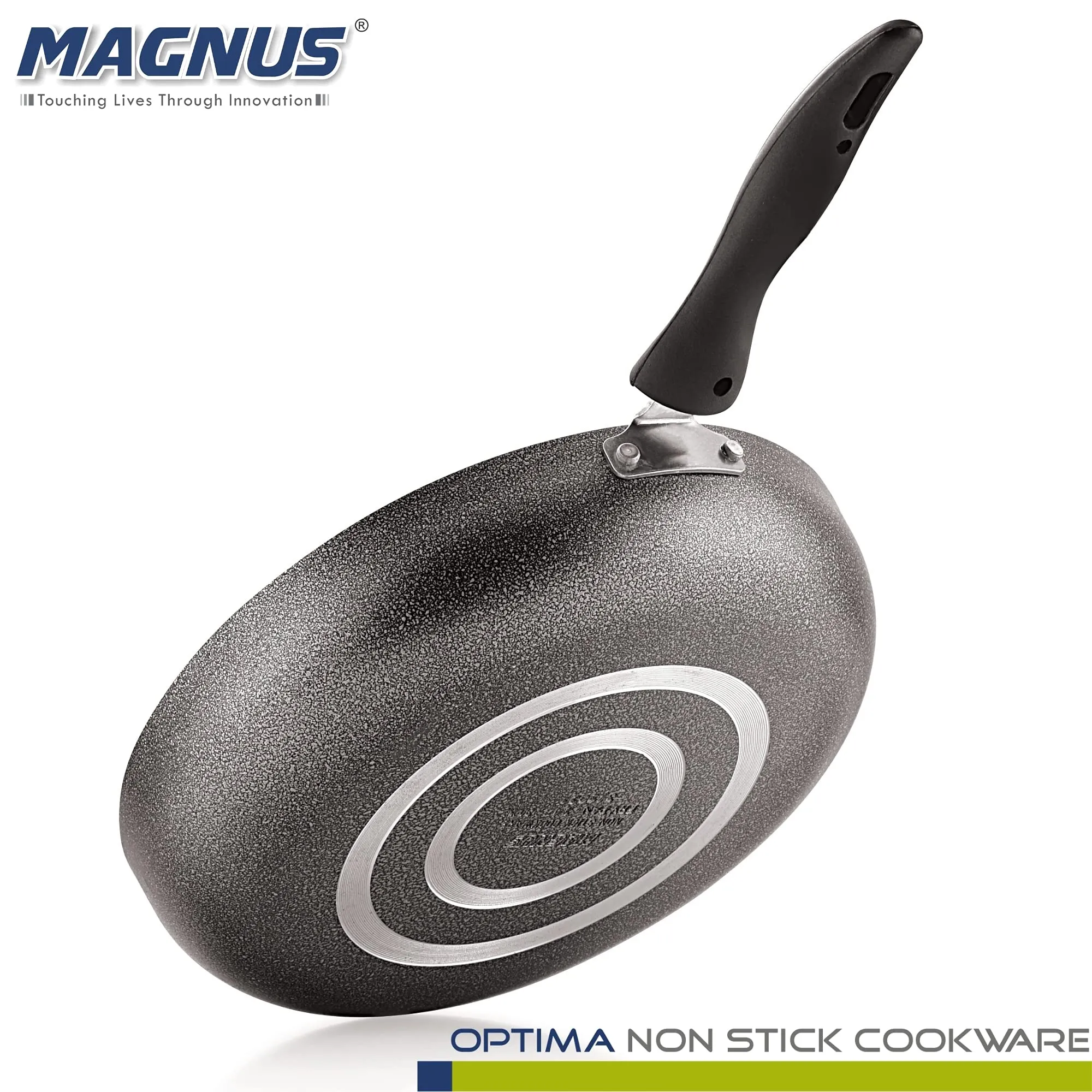 Magnus Optima Non-Stick Aluminum Fry Pan with Stainless Steel Lid, 240 mm(1.85 LTR),3 mm Thickness, Hammertone Finish, (Black & Grey)