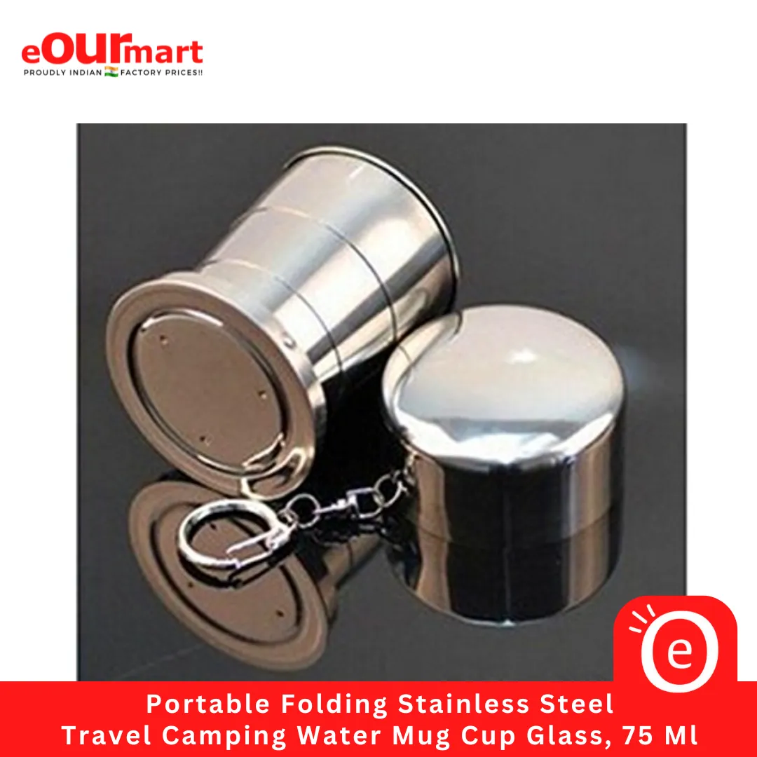 Portable Folding Stainless Steel Travel Camping Water Mug Cup Glass with Keyring, 75 Ml