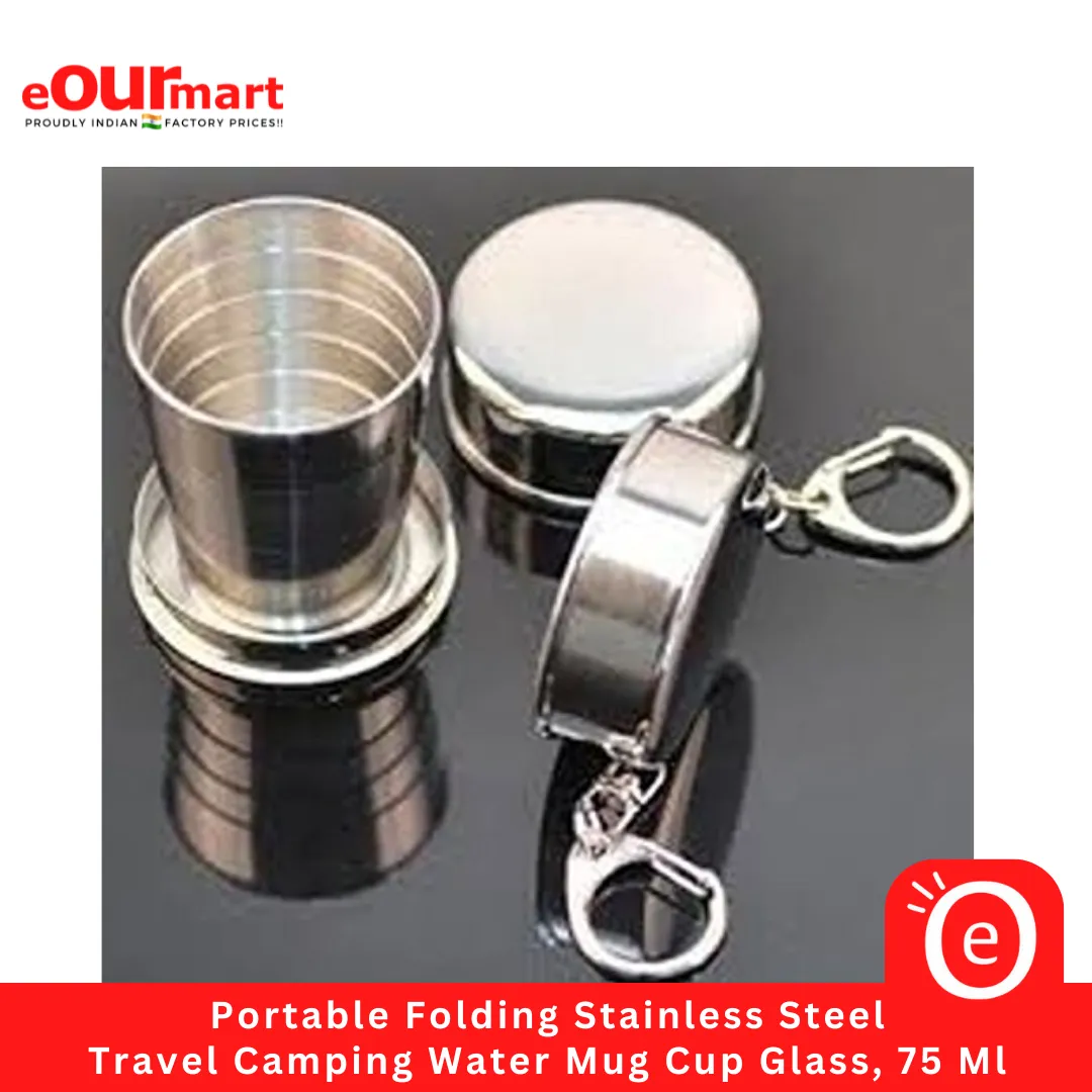 Portable Folding Stainless Steel Travel Camping Water Mug Cup Glass with Keyring, 75 Ml