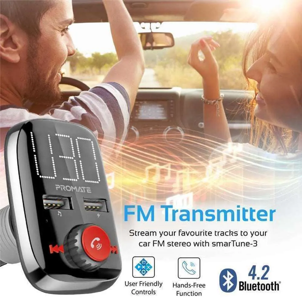 Promate FM Transmitter MicroSD/AUX/USB/BT Dual USB Ports