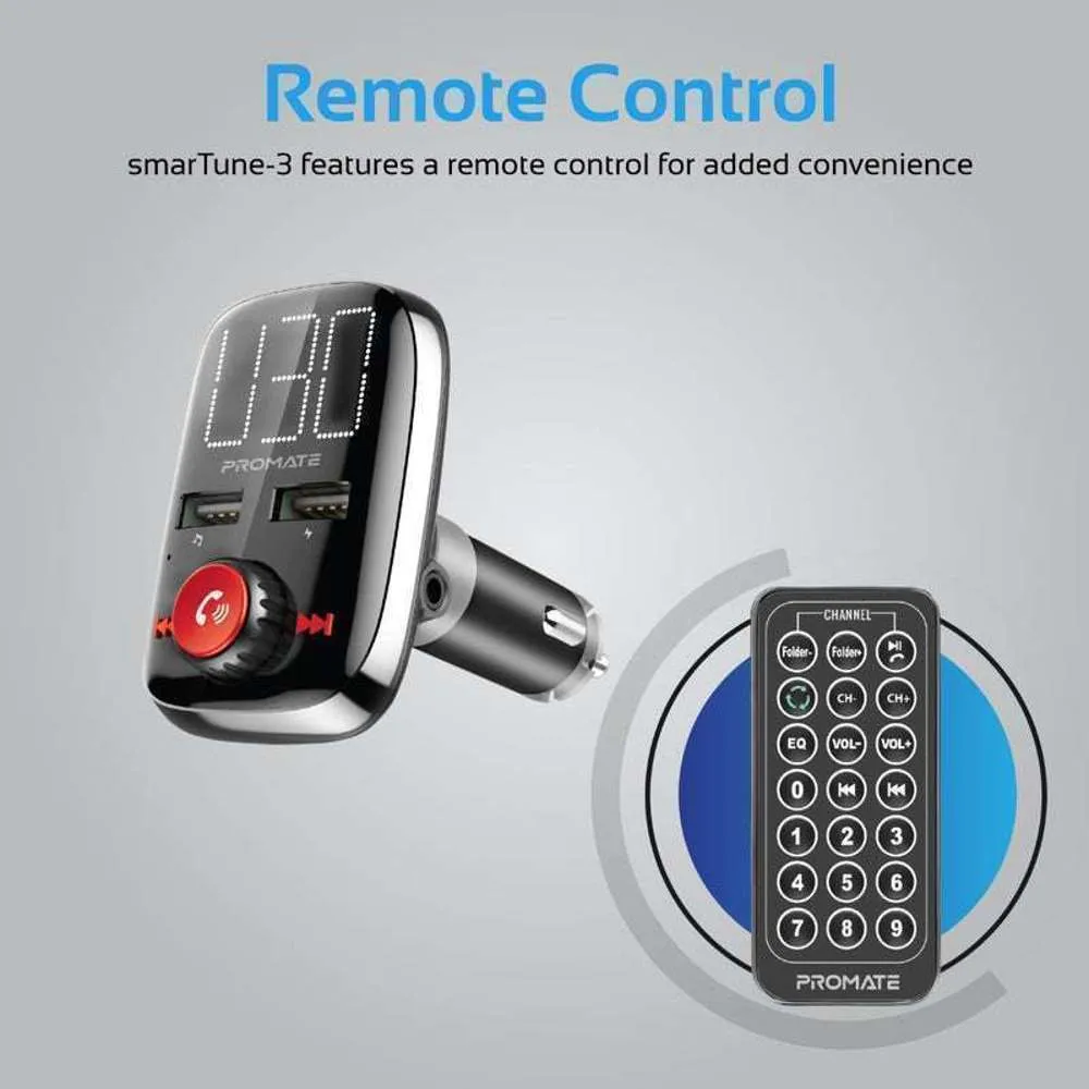 Promate FM Transmitter MicroSD/AUX/USB/BT Dual USB Ports