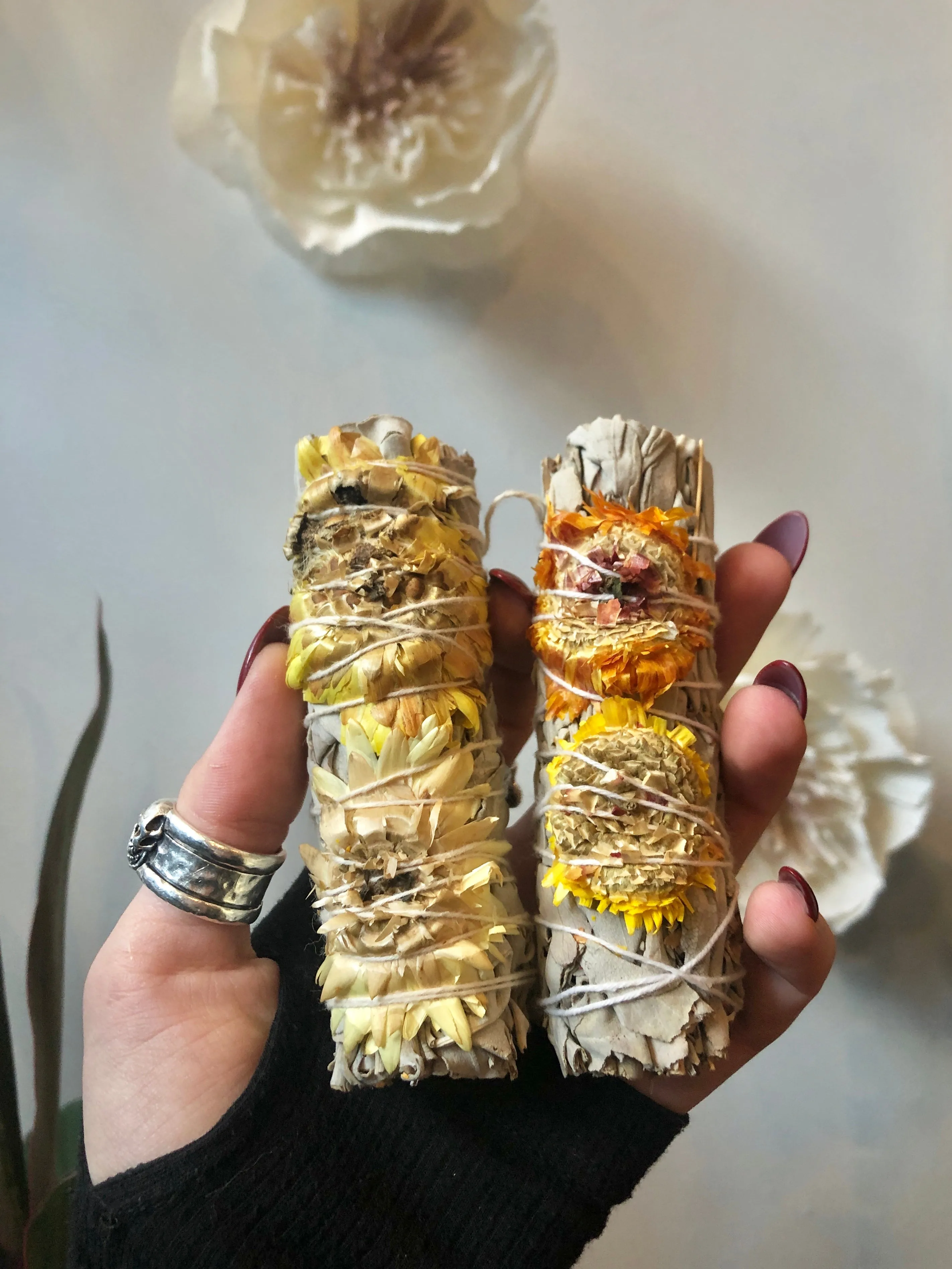 White Sage with Decorated Paper Flower Smudge Stick